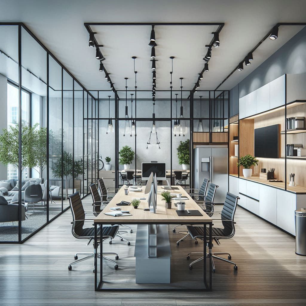 escritório contemporâneo em sala comercial de 50 m2 com 1 copa e 1 banheiro, sala de reunião para 8 pessoas, estação de trabalho para 4 pessoas e 1 sala de diretor com divisórias em vidro.png